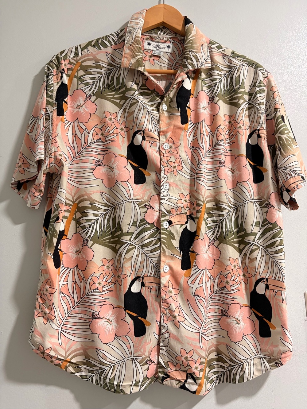 Free Planet Pink Toucan Floral Short-Sleeve Button-Down Shirt